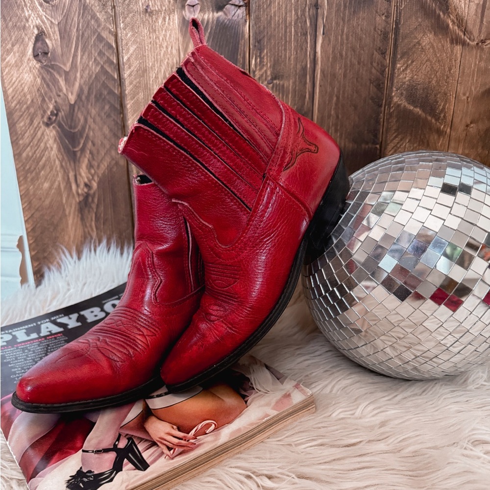 Red Leather Ankle Boots - Women's Booties - Picture 3 of 5